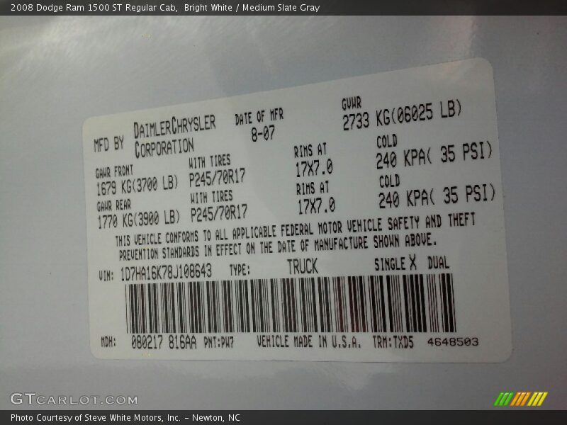 Bright White / Medium Slate Gray 2008 Dodge Ram 1500 ST Regular Cab