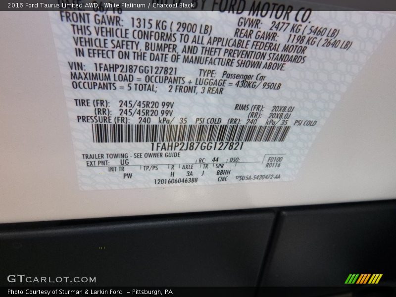 White Platinum / Charcoal Black 2016 Ford Taurus Limited AWD