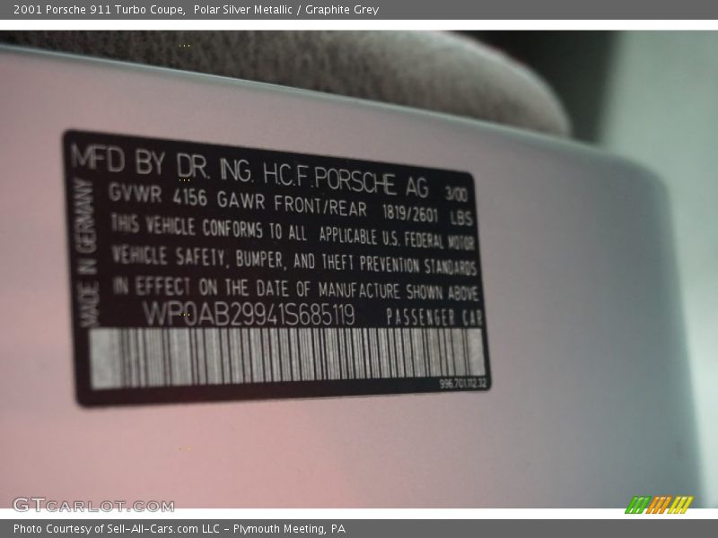 Polar Silver Metallic / Graphite Grey 2001 Porsche 911 Turbo Coupe