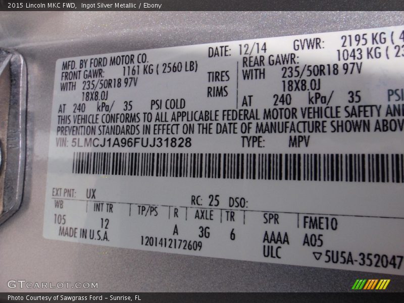 Ingot Silver Metallic / Ebony 2015 Lincoln MKC FWD