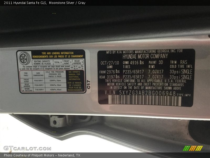 Moonstone Silver / Gray 2011 Hyundai Santa Fe GLS
