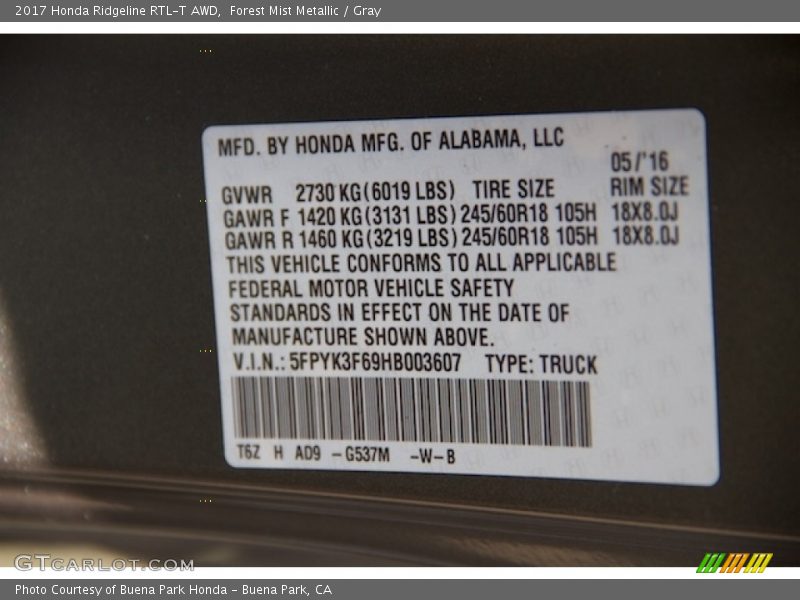 2017 Ridgeline RTL-T AWD Forest Mist Metallic Color Code G537M