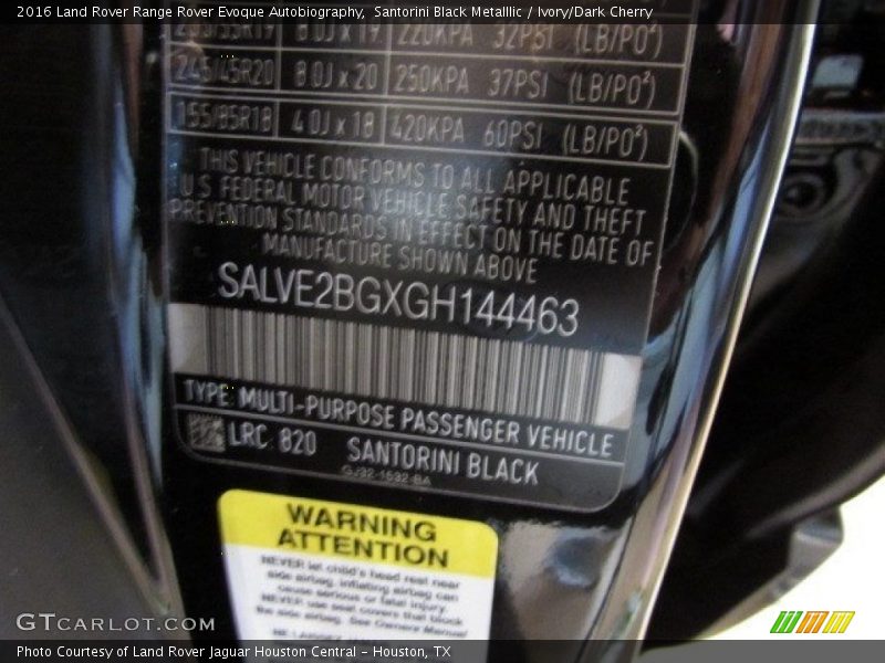 2016 Range Rover Evoque Autobiography Santorini Black Metalllic Color Code 820