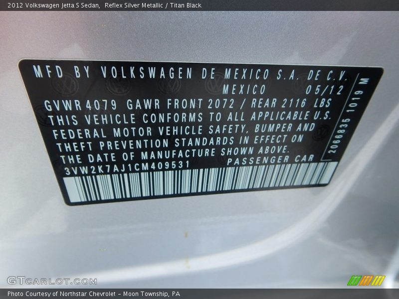 Reflex Silver Metallic / Titan Black 2012 Volkswagen Jetta S Sedan