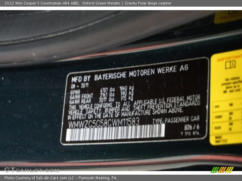Oxford Green Metallic / Gravity Polar Beige Leather 2012 Mini Cooper S Countryman All4 AWD