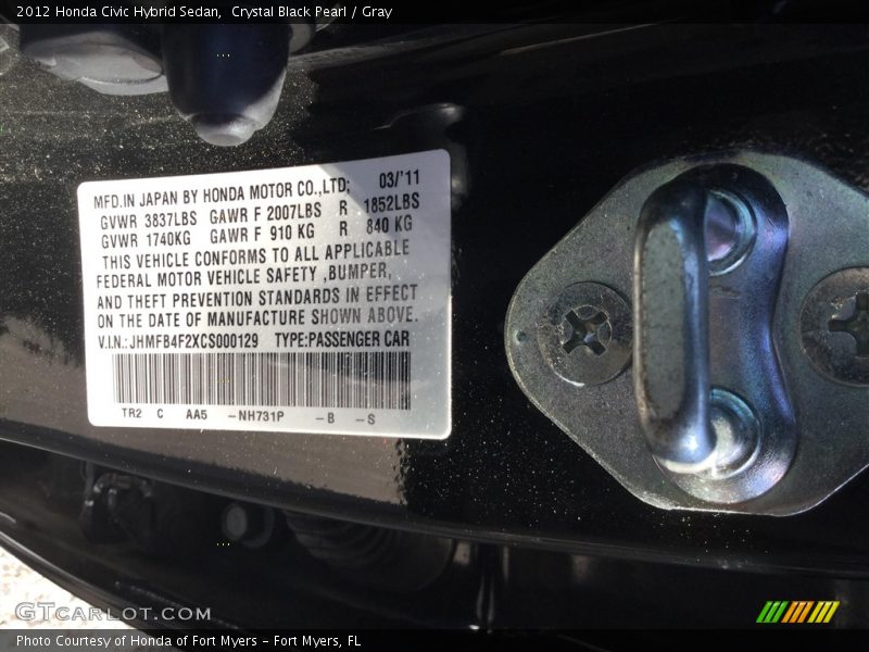 Crystal Black Pearl / Gray 2012 Honda Civic Hybrid Sedan