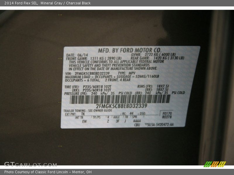 Mineral Gray / Charcoal Black 2014 Ford Flex SEL