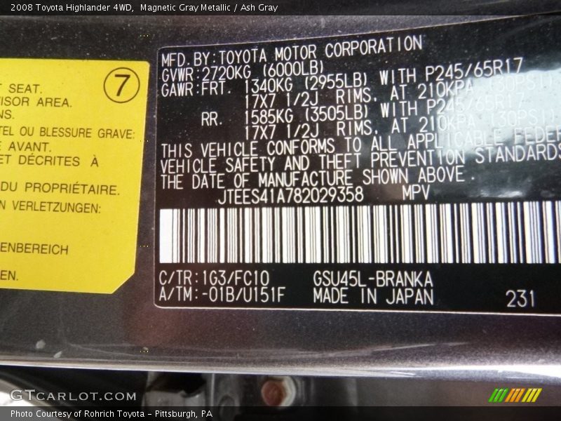 Magnetic Gray Metallic / Ash Gray 2008 Toyota Highlander 4WD