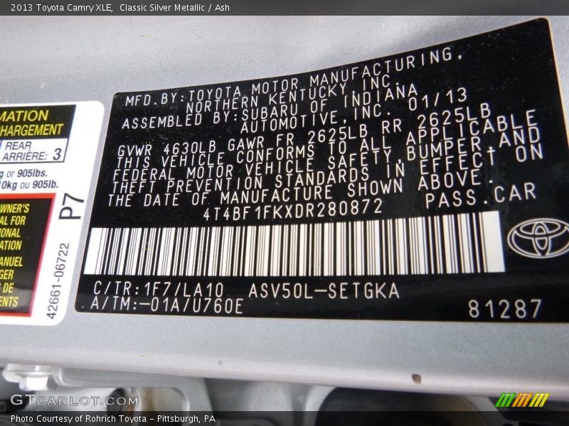 Classic Silver Metallic / Ash 2013 Toyota Camry XLE