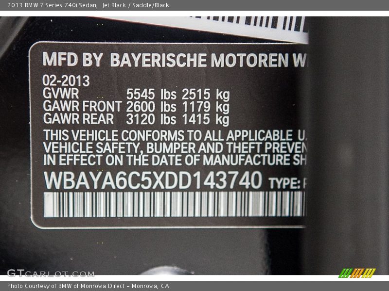 Jet Black / Saddle/Black 2013 BMW 7 Series 740i Sedan