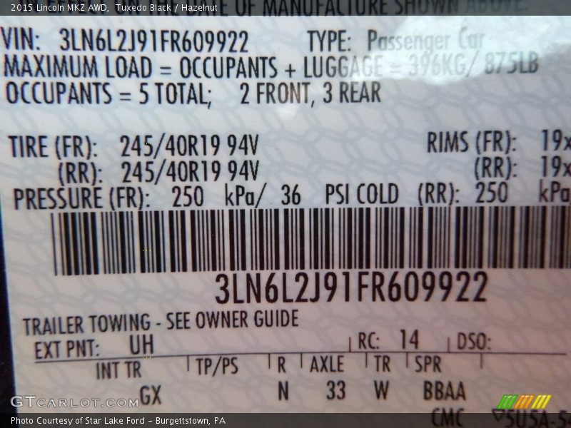 2015 MKZ AWD Tuxedo Black Color Code UH