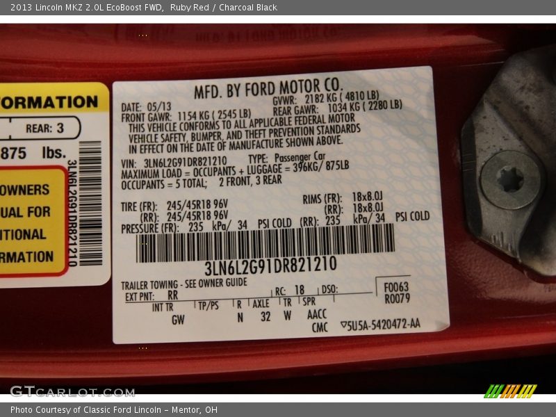 Ruby Red / Charcoal Black 2013 Lincoln MKZ 2.0L EcoBoost FWD