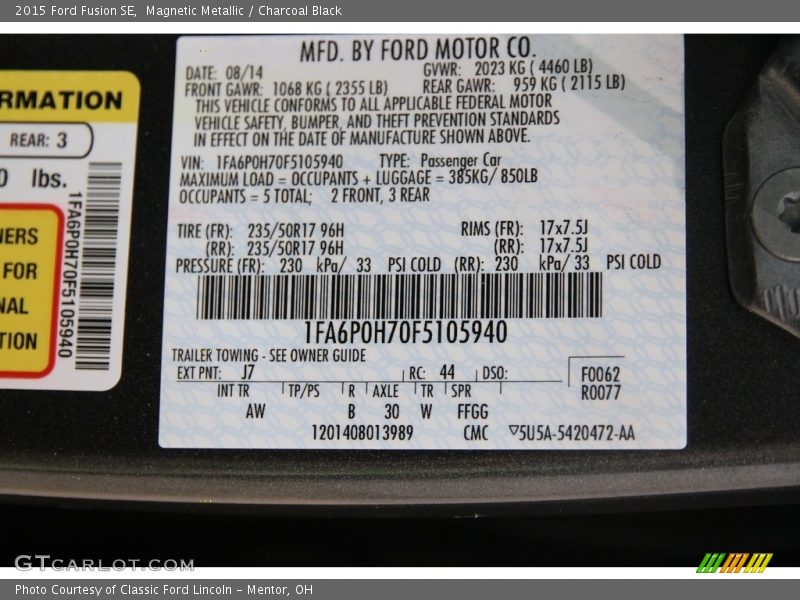 Magnetic Metallic / Charcoal Black 2015 Ford Fusion SE