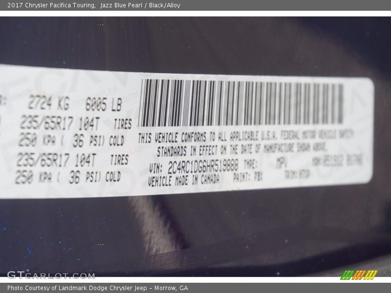 Jazz Blue Pearl / Black/Alloy 2017 Chrysler Pacifica Touring