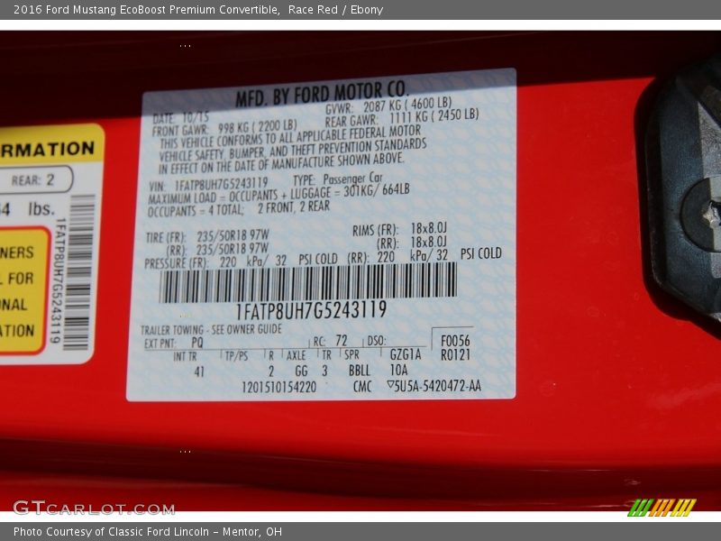 Race Red / Ebony 2016 Ford Mustang EcoBoost Premium Convertible