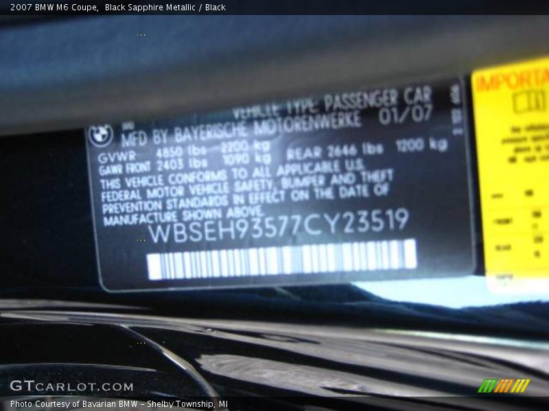 Black Sapphire Metallic / Black 2007 BMW M6 Coupe