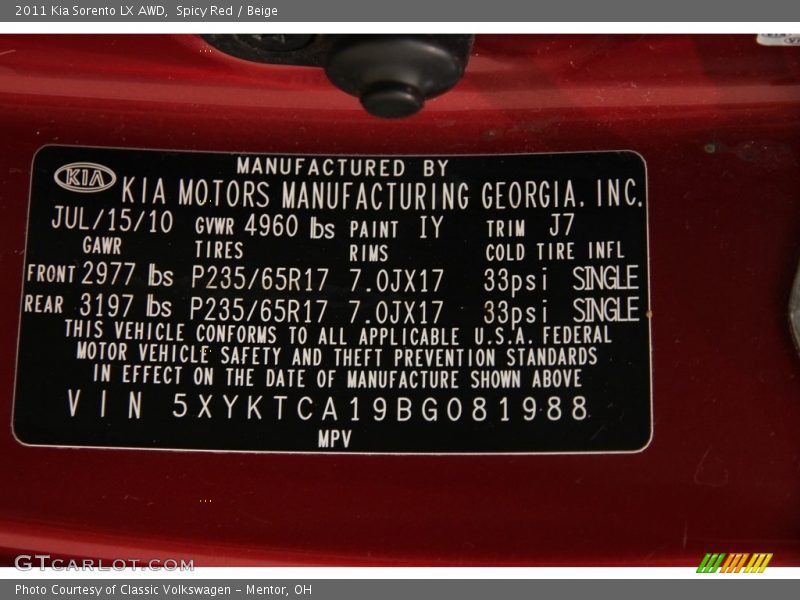 Spicy Red / Beige 2011 Kia Sorento LX AWD