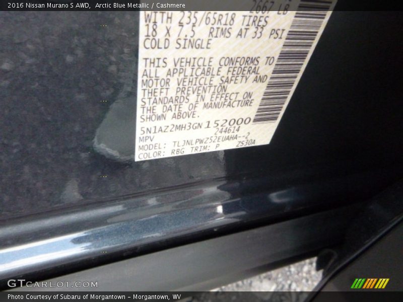 2016 Murano S AWD Arctic Blue Metallic Color Code RBG
