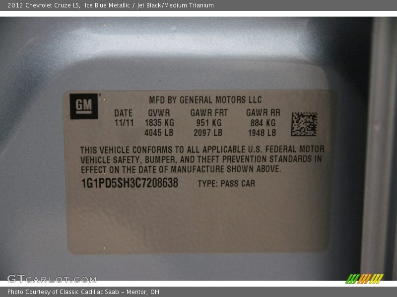 Ice Blue Metallic / Jet Black/Medium Titanium 2012 Chevrolet Cruze LS