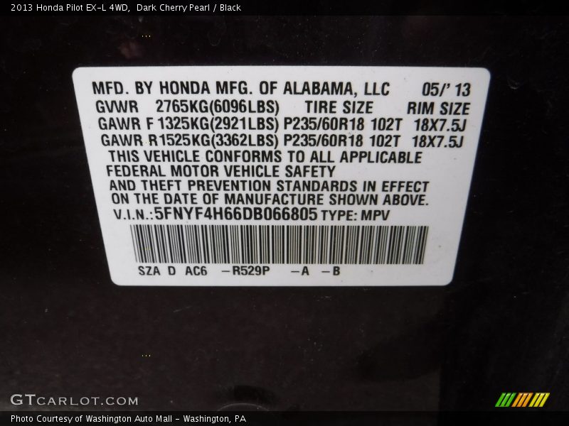 Dark Cherry Pearl / Black 2013 Honda Pilot EX-L 4WD