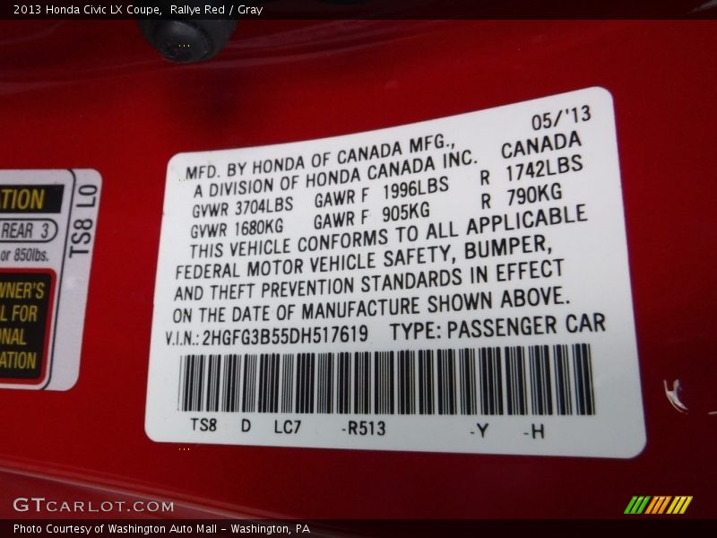 Rallye Red / Gray 2013 Honda Civic LX Coupe