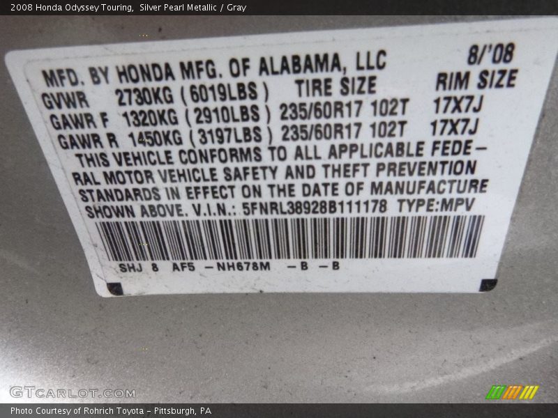 Silver Pearl Metallic / Gray 2008 Honda Odyssey Touring