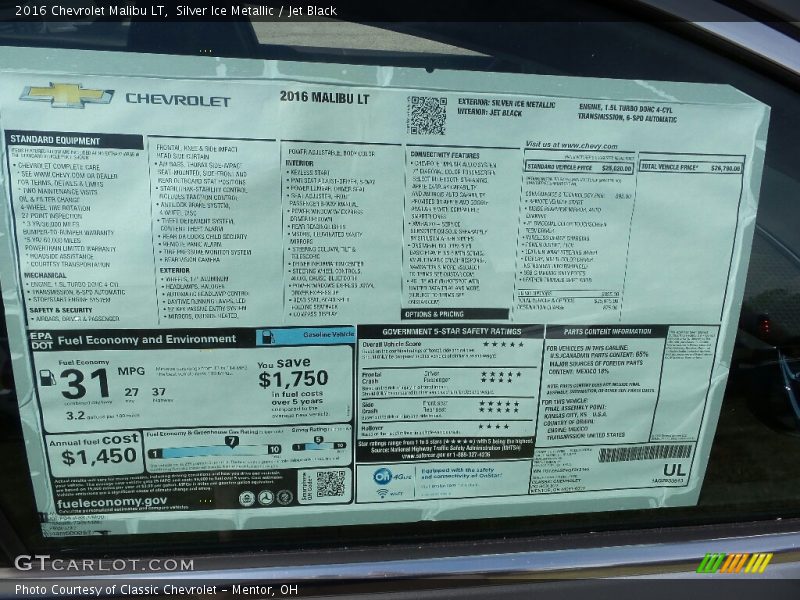 Silver Ice Metallic / Jet Black 2016 Chevrolet Malibu LT