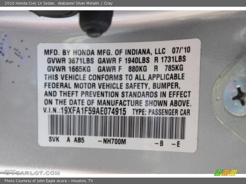 Alabaster Silver Metallic / Gray 2010 Honda Civic LX Sedan