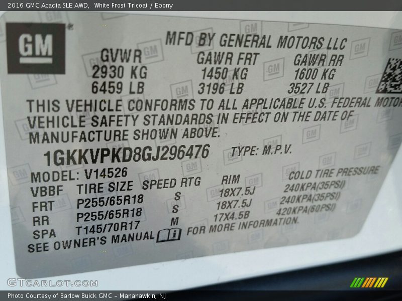 White Frost Tricoat / Ebony 2016 GMC Acadia SLE AWD