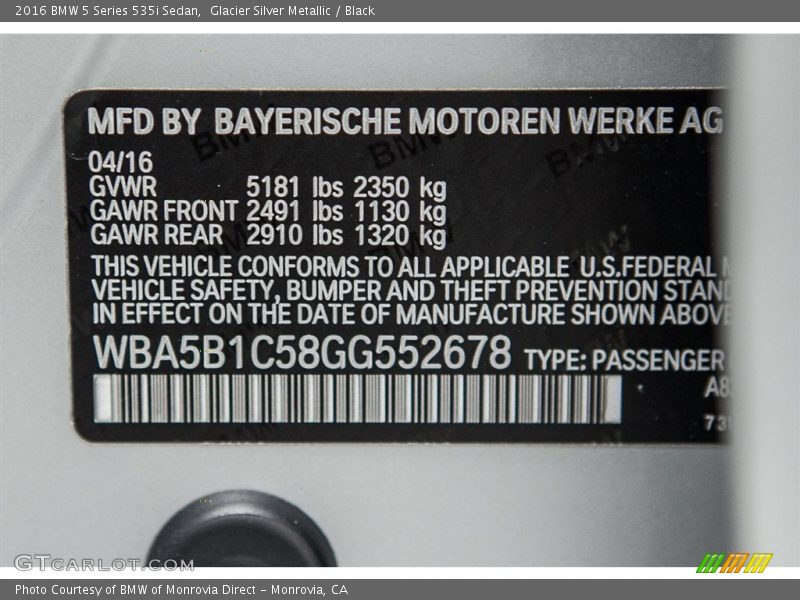 Glacier Silver Metallic / Black 2016 BMW 5 Series 535i Sedan