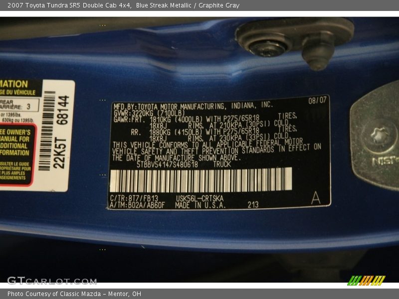 Blue Streak Metallic / Graphite Gray 2007 Toyota Tundra SR5 Double Cab 4x4