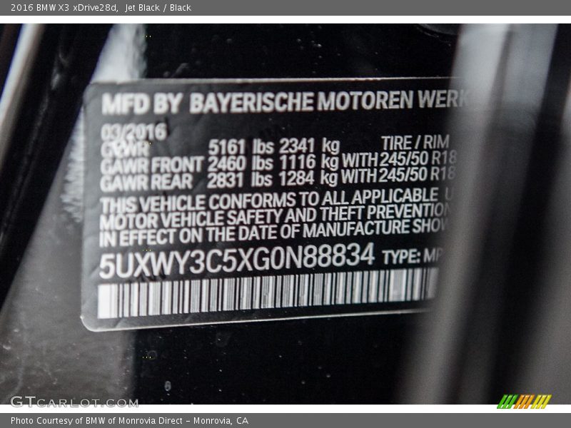 Jet Black / Black 2016 BMW X3 xDrive28d