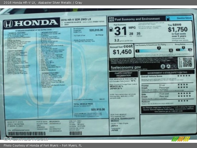  2016 HR-V LX Window Sticker