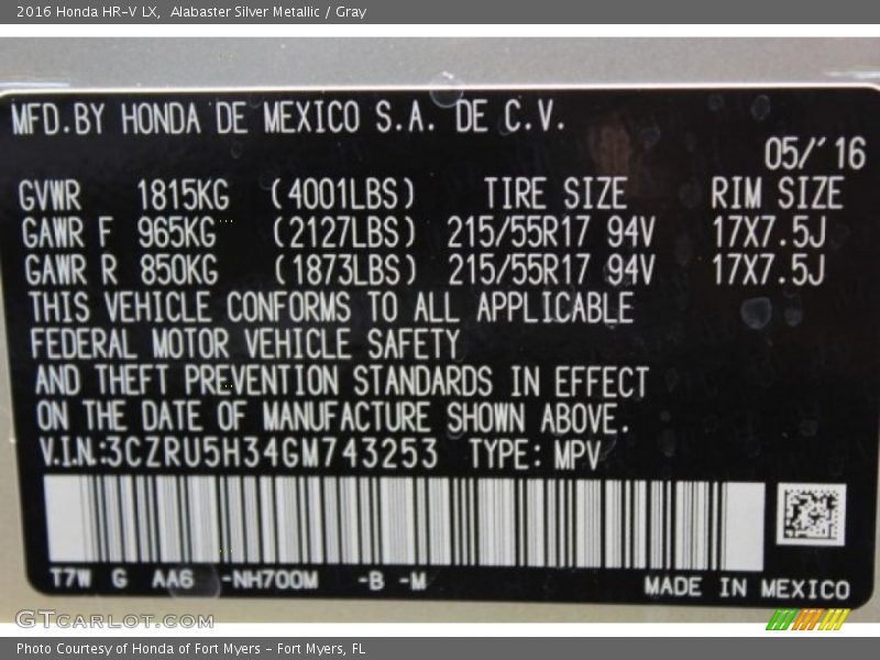 2016 HR-V LX Alabaster Silver Metallic Color Code NH700M