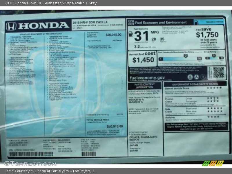 Alabaster Silver Metallic / Gray 2016 Honda HR-V LX