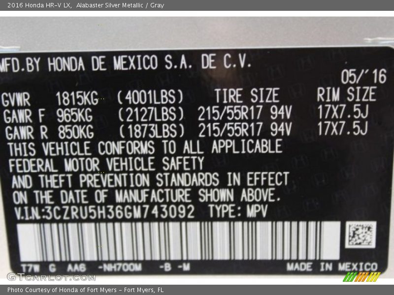 Alabaster Silver Metallic / Gray 2016 Honda HR-V LX