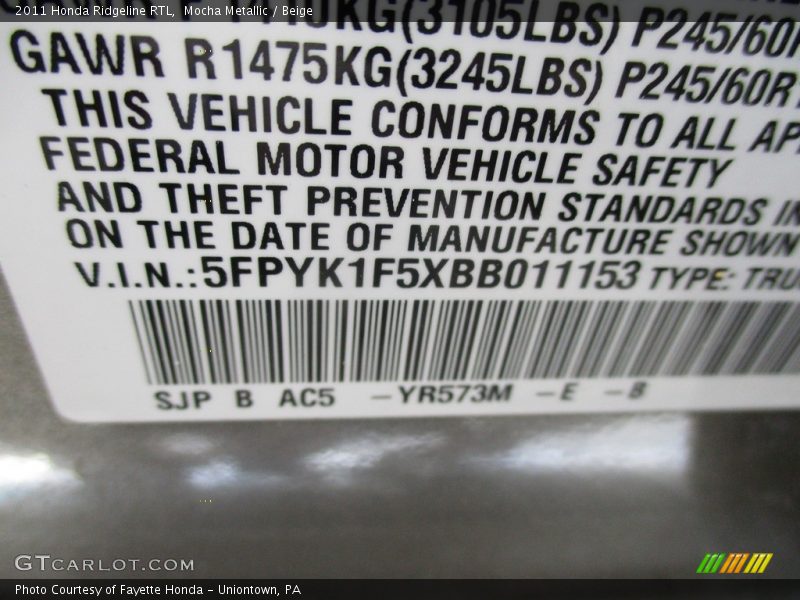 Mocha Metallic / Beige 2011 Honda Ridgeline RTL