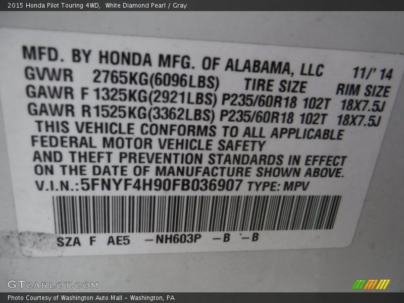 White Diamond Pearl / Gray 2015 Honda Pilot Touring 4WD