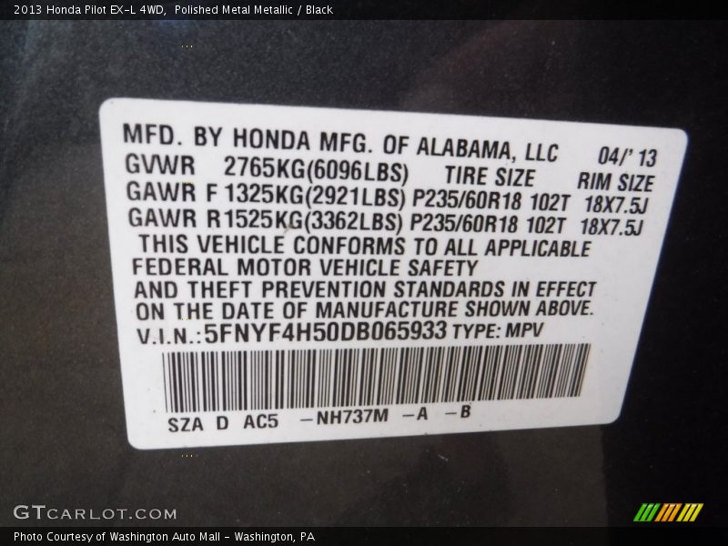 Polished Metal Metallic / Black 2013 Honda Pilot EX-L 4WD