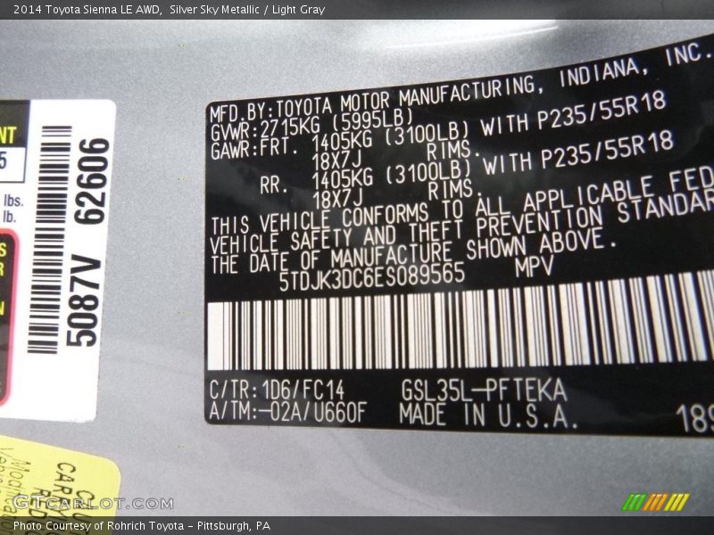 Silver Sky Metallic / Light Gray 2014 Toyota Sienna LE AWD