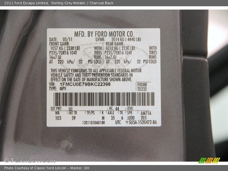 Sterling Grey Metallic / Charcoal Black 2011 Ford Escape Limited