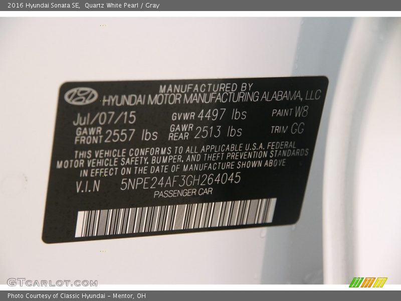 Quartz White Pearl / Gray 2016 Hyundai Sonata SE