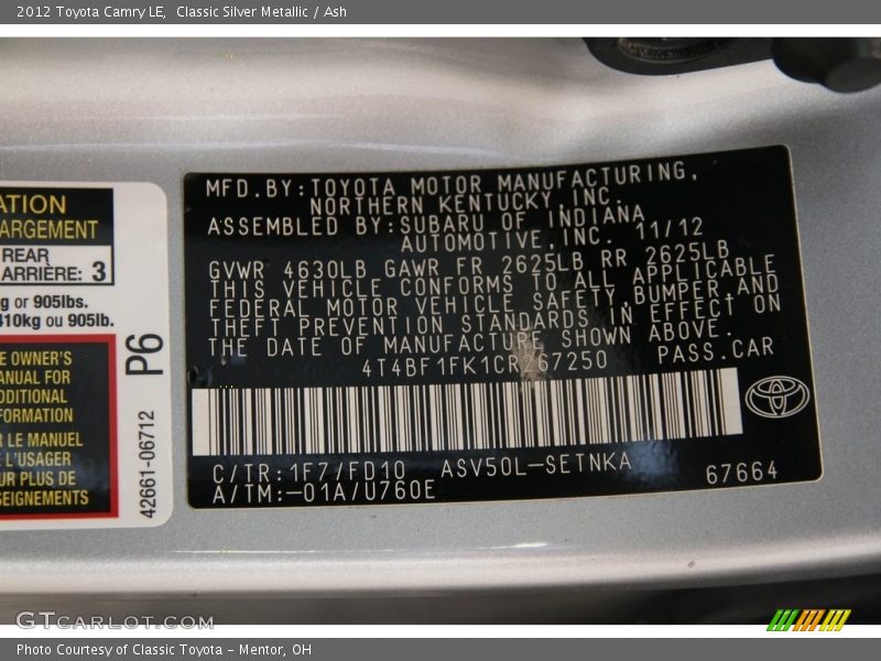 Classic Silver Metallic / Ash 2012 Toyota Camry LE