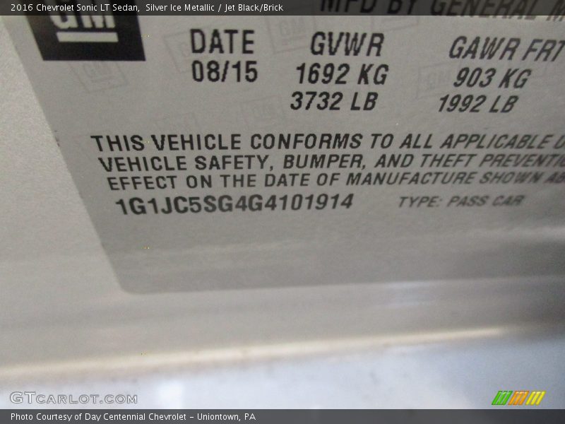 Silver Ice Metallic / Jet Black/Brick 2016 Chevrolet Sonic LT Sedan