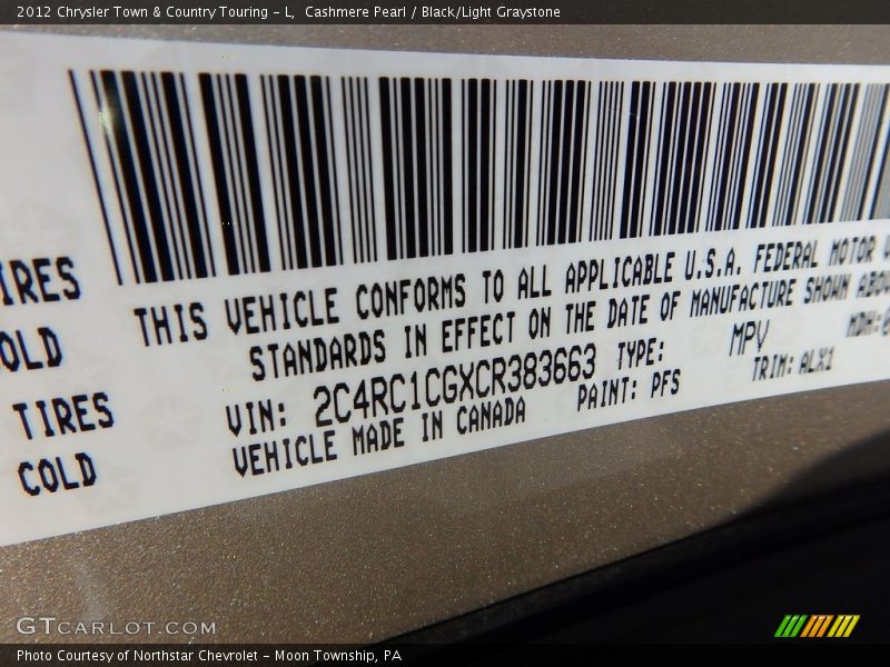 Cashmere Pearl / Black/Light Graystone 2012 Chrysler Town & Country Touring - L