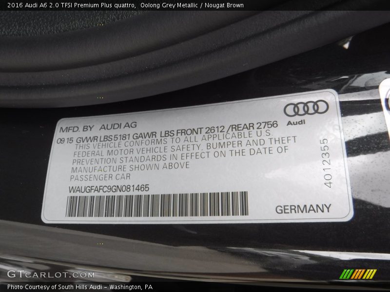 Oolong Grey Metallic / Nougat Brown 2016 Audi A6 2.0 TFSI Premium Plus quattro