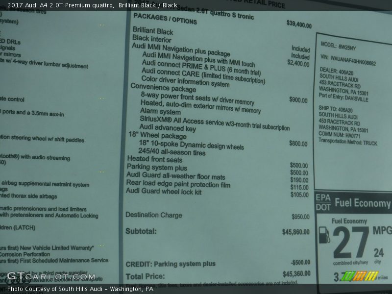 Brilliant Black / Black 2017 Audi A4 2.0T Premium quattro