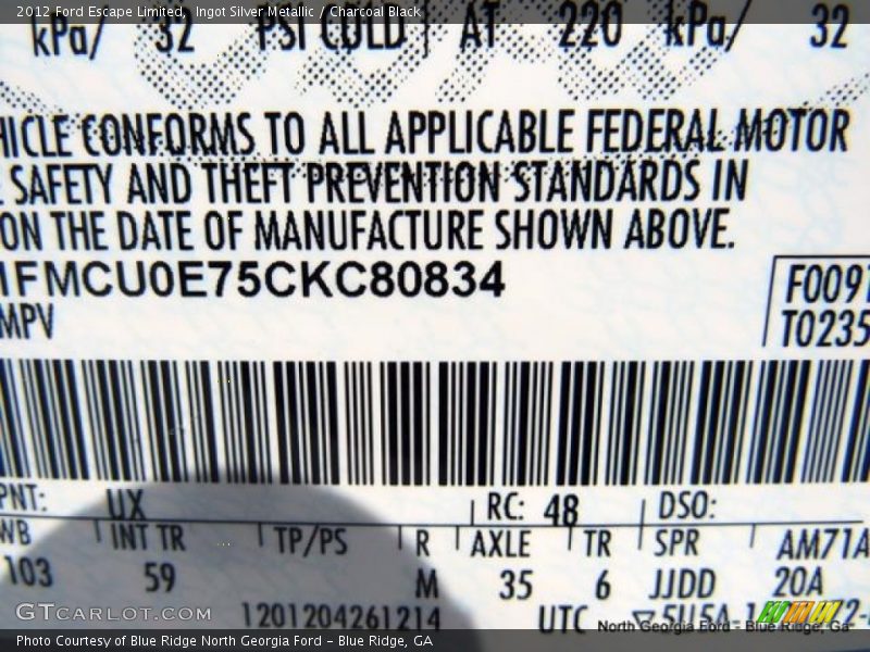 Ingot Silver Metallic / Charcoal Black 2012 Ford Escape Limited