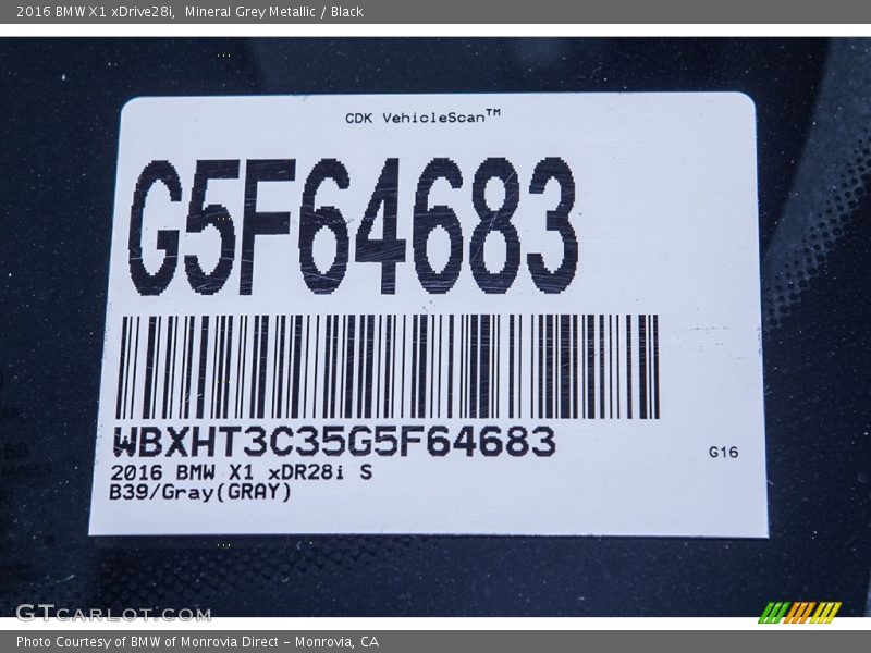 Mineral Grey Metallic / Black 2016 BMW X1 xDrive28i