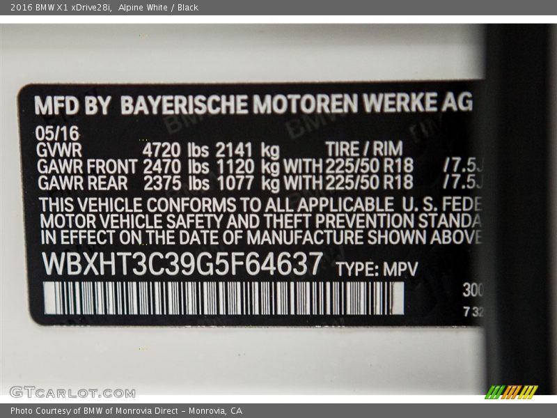 Alpine White / Black 2016 BMW X1 xDrive28i